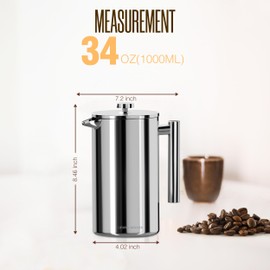 Utopia Kitchen 304 Grade Stainless Steel French Press Coffee Maker 34 Oz, Double Wall Insulated Coffee Press with 4-Level Filtration System, Include 2 Extra Filters, Rust-Free, Dishwasher Safe, Silver