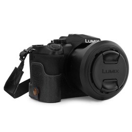 MegaGear MG1681 EVER READY BLACK REAL LEATHER CAMERA CASE COVER FOR LEICA V-LUX 5 PANASONIC LUX DC-FZ1000 II