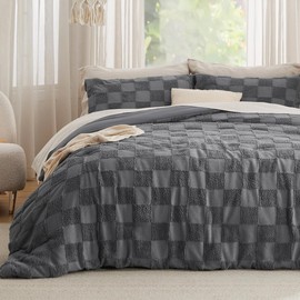 3-Piece Jacquard Checkered Farmhouse Boho Comforter Set Queen Size | Tufted Textured Soft Cozy Brushed Microfiber Gingham Block Pattern Plain Weave | Pretty Dark Gray Color Glam Shabby Chic Bedding