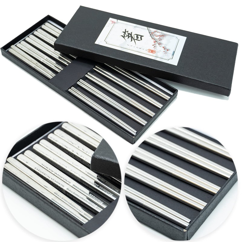 Chopsticks Stainless Steel 5 Pairs, Japanese Metal High-Quality Reusable Chopsticks