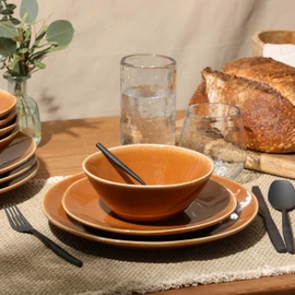 Bloomhouse - Two Time Oprah's Favorite Things Winner - Montecito Breeze 16 Piece (Service for 4) Double Plates and Bowls Stoneware Reactive Glaze Dinnerware Set - Terracotta Canyon