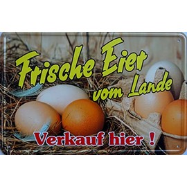 Tin Sign 20 x 30 cm – Fresh Eggs from Lande Verkauf hier Chicken Hahn Bauenhof Hofladen Organic