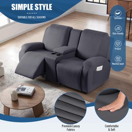 TAOCOCO Reclining Loveseat with Middle Console Slipcover, 4 Piece Polyester Fabric Stretch Loveseat Reclining Sofa Covers (Dark Gray, 2 Seat Recliner Cover with Console)