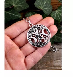Fashion Jewelry TRIPLE MOON PENTAGRAM CELTIC TREE LIFE Pendant 22" 925 Sterling Silver Necklace