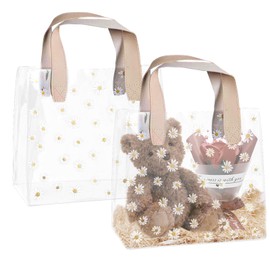 IETWATE Pack of 2 Clear Gift Bags, Transparent Bag with Handles, PVC Plastic Gift Bags, Transparent Bag with Daisy Pattern for Wedding, Birthday and Party