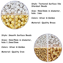 Pandahall 990pcs 4-6mm Brass Round Spacer Beads Golden Silver Stardust Beads & Iron Seamless Loose Ball Beads for Jewelry Makings