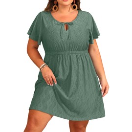 Talisea Plus Size Swimsuit Cover Up Women Green Eyelet Casual Beach V Neck Short Sleeve Bathing Suit Coverup Dress Summer