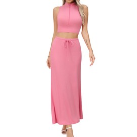 Missufe Women's 2-Piece Outfits Summer Sleeveless Crop Top and Long Maxi Skirt Knitted Zip Set Two Piece Suit, Candy pink