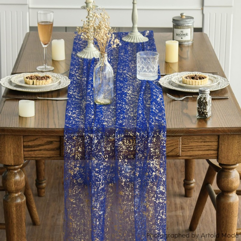 Artoid Mode Gauze Cheesecloth Glitter Foil Blue Gold Table Runner