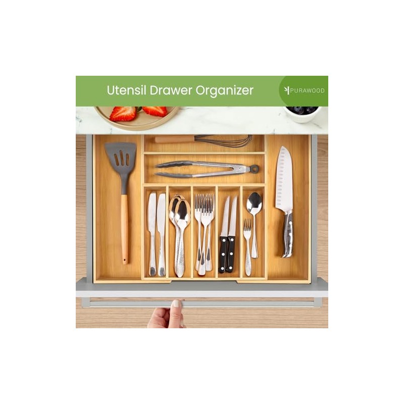 Purawood Bamboo Drawer Organizer - Expandable Silverware Organizer & Utensil