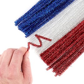 Pack of 300 Red White and Blue Metallic Tinsel Pipe Cleaners. Fuzzy Stick Tinsel Stems for Patriotic 4th of July and Americana Crafts - Size: 12 Inches Long x 6 mm Dia.
