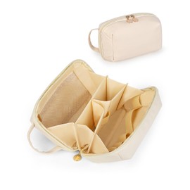 Soimeat Travel Makeup Bag for Women, Large Capacity Cosmetic Bags, PU Leather Waterproof Toiletry Bag, Portable Wide Open Pouch, Travel Cosmetic Organizer Bag with Divider and Handle, Large, Beige