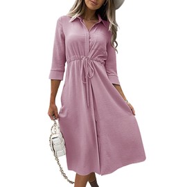 Febriajuce Women's 3/4 Sleeve Maxi Dress Casual Drawstring Belted Round Neck Plain Tie Waist Loose High Waist Long Dress Lavender