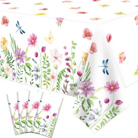 4 Pack Summer Floral Tablecloth Wild Flowers Table Cloth Plastic Spring Floral Table Cloth Summer Flower Disposable Table Cover for Wedding, Babyshower, Birthday Party Decorations 51 x 86 Inches