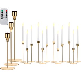 Aurelema 12 Set Candlesticks Holders Taper Candle Holders Pillar Tall Metal Candlestick Holder Flameless LED Candles Set for Christmas Table Wedding Dinning Party Decor Centerpiece with Remote(Gold)