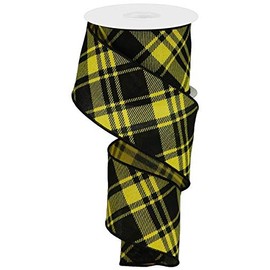 Diagonal Stripe/Check Wired Edge Ribbon - 10 Yards (Yellow, Black, 2.5")