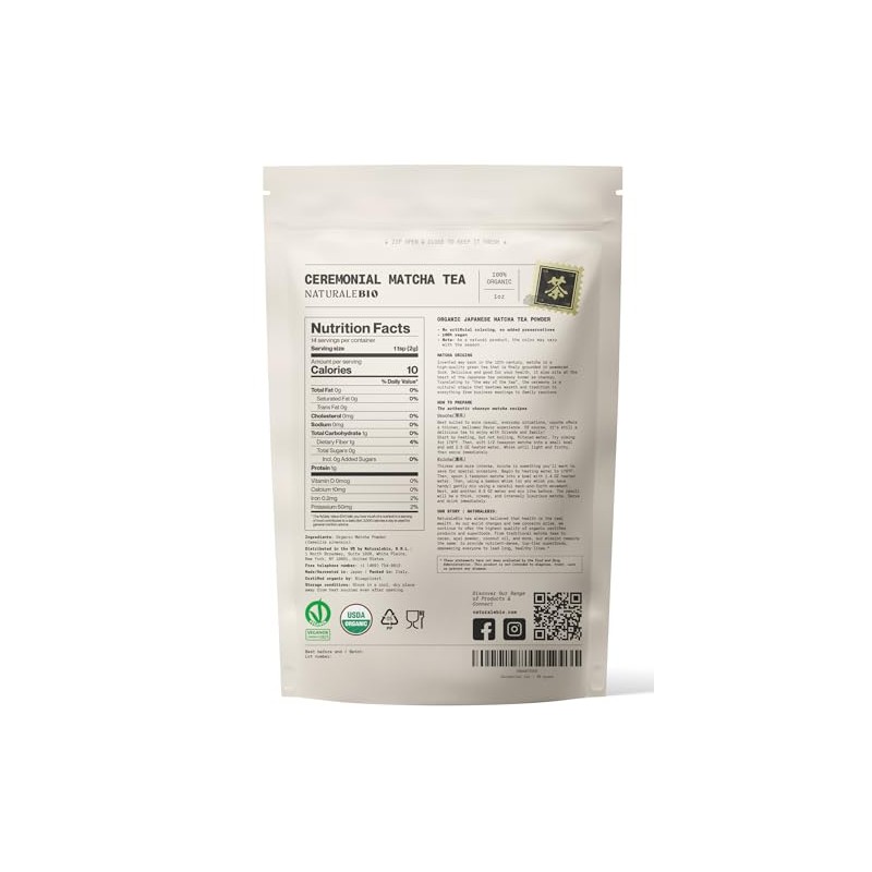 NaturaleBio Organic Ceremonial Grade Matcha Powder - 1oz