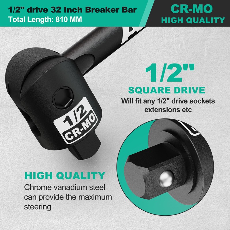 Aiourx 1/2" Drive 32 Inch Breaker Bar, Heavy Duty Head,