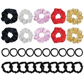 Satin Hair Scrunchies for Women - Black White Pink Red Big Scrunchie for Girls Seamless Elastic Small Hair Ties for Thick Thin Hair Ponytail Holders Accessories 30 Pack