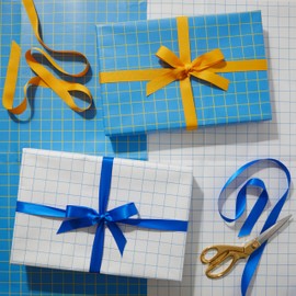 The Gift Wrap Company 58-189211 Checkerboard Reversible Flat Gift Wrapping Paper Sheet Set, 30" x 23", Blue, White, and Yellow, 3 Pieces