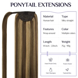 DOORES Hair Extensions Human Hair Ponytail Extensions Balayage Chocolate Brown Mixed Caramel Blonde 18 Inch 80g Clip In Human Hair Extensions Straight Wrap Around Ponytail Piece with Magic Paste