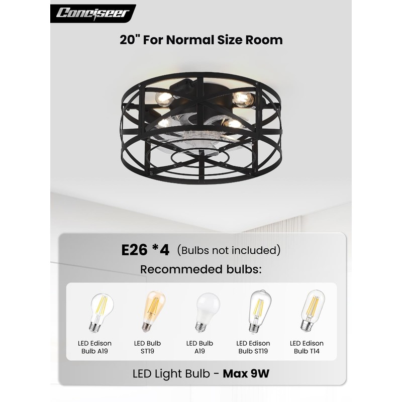 Conciseer 16 Inch Caged Ceiling Fans with Lights and Remote,