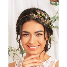 IYOU Bridal Wedding Headbands Green Flowers Copper Wire Headband Vintage Crystal Prom Tea Party Hair Accessories for Women