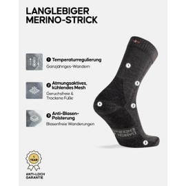 DANISH ENDURANCE Merino Hiking Socks, Summer Trekking Socks, Merino Wool Socks, Breathable & Strong Padded, Unisex, Men, Women & Children, 1 or 3 Pairs, Dark grey 1 pair, 43 - 47