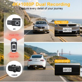 IKFDGB 4k Dual Dash Cam Front and Rear,Hd Three-Camera Car Recorder,Equipped with GPS Navigation, Loop Recording, Parking Monitoring, Collision Sensing, 3.2” IPS Screen,Free 32g Memory Card