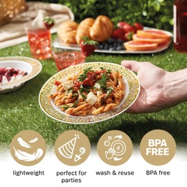 MATANA 40 Premium White Plastic Dessert Plates with Gold Rim, 19cm / 7 Inch - Elegant & Reusable Small Side Plates, Starter Plates for Weddings, Birthdays, Picnic, BBQ, Parties