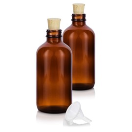 JUVITUS 8 oz Amber Glass Boston Round Bottle with Cork Stopper Closure (2 Pack) + Funnel