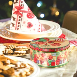 Christmas Cookie Tins with Lids, Set of 4 Round Christmas Tin Containers Large Medium Small Xmas Round Metal Nesting Containers Festive Cookie Tins for Gift Giving Holiday Treats