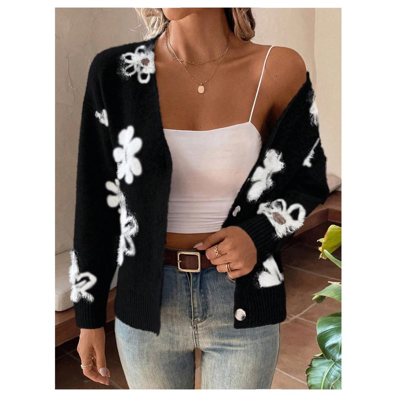 SHENHE Women's Floral Cardigan Sweater Open Front Long Sleeve Button