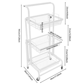 Giciashop 3 Tier Rolling Utility Cart, Multi-Functional Metal Rolling Utility Cart w/Lockable Wheels, Adjustable Tilt Angle, Storage Cart for Living Rooms, Kitchens, Bathrooms (White)