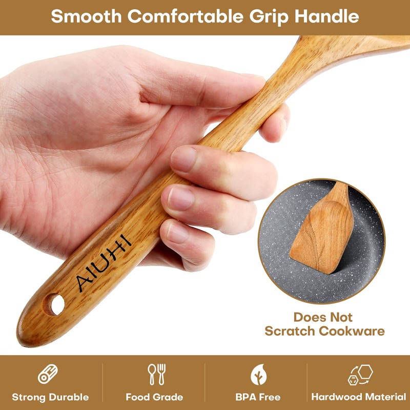 AIUHI Wood Spoons for Cooking, Nonstick Kitchen Utensil Set, Wooden