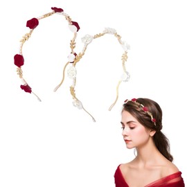 Yimluofa 2 PCS Rose Hairband Exquisite Rose Headband Pearl Crown Headpiece Hair Accessories for Women(Red and White)