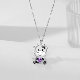 Cow Birthstone February Necklace 925 Sterling Silver Pendant Necklace Cow Charm Gifts for Women