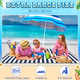 Fanfanwin 80''x 80'' Beach Blanket with Umbrella Hole Extra Large Waterproof 3 Layer Beach Mat Picnic Blanket with Storage Bag and Ground Spikes, Suitable for 6-8 Adults for Camping Picnic Park