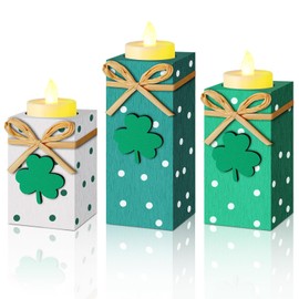Zhehao 3 Pcs St. Patrick's Day Tea Light Holders Wooden Holiday Shamrock Votive Candle Holders Irish Wood Table Sign with Clover Pattern for Home Decor Dining Table Centerpiece Decorations