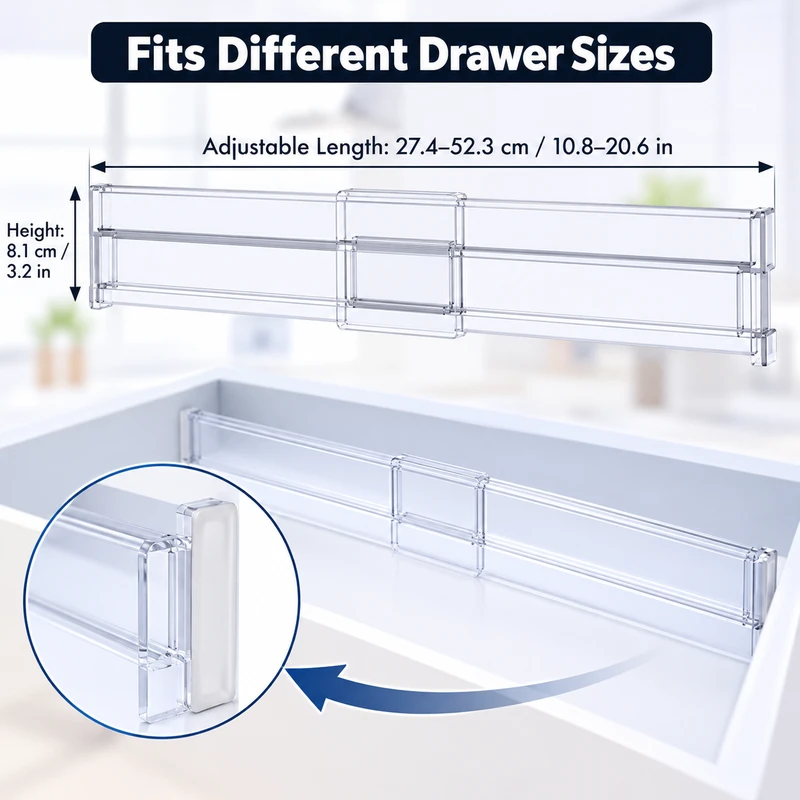 Adjustable Clear Drawer Dividers for Clothes, Kitchen Utensils & Office