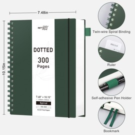 RETTACY Bullet Dotted Journal Notebook, 300 Pages, B5 Medium Size (7.4'' × 10''), 100 GSM Thick Paper, Flexible Plastic Cover, Spiral-bound, for Bullet Journaling, Planning, Tracking (Deep Green)