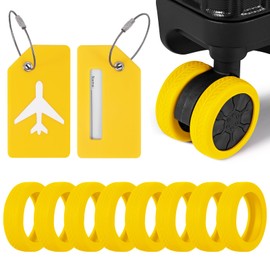 2 Pcs Silicone Luggage Tag for Suitcases with Stainless Loop, 8 Pcs Luggage Wheel Covers, Wear-Resistant, Anti-Noise, Silicone Luggage Wheel Protective Covers for 2-2.4" Spinner Wheel. (Yellow)