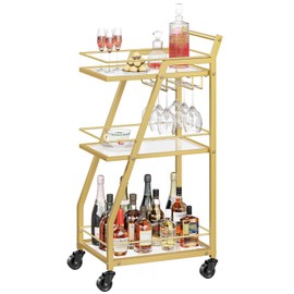 YATINEY Bar Cart for The Home, Small Bar Cart on Wheels, Home Bar Serving Cart with Glass Holder, for Kitchen, Transparent and Gold BC03GD