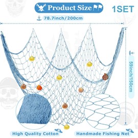 Blue Fishing Net in Mediterranean Style, Maritime Wall Decoration, 150 x 200 cm, with Shells for Interior Design, Stage and Events