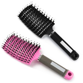 Pack of 2 Hair Brushes (Black and Pink), Wild Boar Bristle Hair Brush, Hair Brush, No Pulling, Can Distribute Hair Oil, Smooths Frizz, Breathable and Accelerates Dr