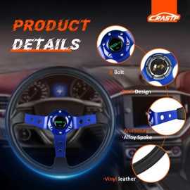RASTP Universal Racing Steering Wheel,Drifting Deep Dish Steering Wheel 13.8”/350mm 6 Bolts Grip Vinyl Leather & Aluminum with Horn Button for Car -Blue