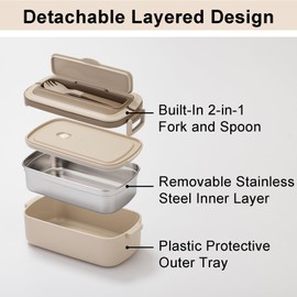 Lille Home Bento Lunch Box for Adult, Portable Stainless Steel Thermal Tiffin Lunchbox, 34oz Insulated Lunch Food Container with Lunch Bag and Utensils(Beige)