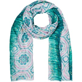 styleBREAKER 01016230 Women's Scarf Batik Pattern with Metallic Stripes, Lightweight Boho Style Scarf with Short Fringes, Aqua Green-Pink