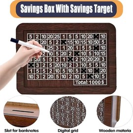 Wooden Money Box with Marker Pen, 1000$ Cash Vault Wooden Savings Box, Piggy Bank for Adults, Money Saving Box with Counter, Wooden Money Box with Money Target and Numbers
