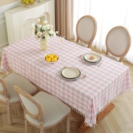 Laolitou Pink Checkered Tablecloth Rectangle Washable Buffalo Plaid Valentines Day Table Cloth with Tassel Cotton Linen Gingham Table Cover for Dining Room, Pink, Rectangle, 55''x86'', 6-8 Seats
